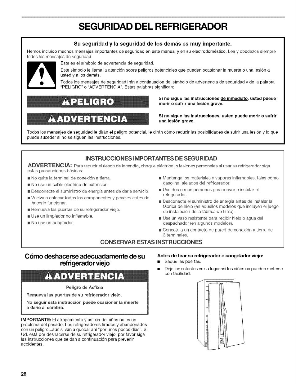Apeligro, Aadvertenci, Antes de tirar su refrigerador o congelador viejo | Seguridad del refrigerador | Kenmore 10656713500 User Manual | Page 28 / 80