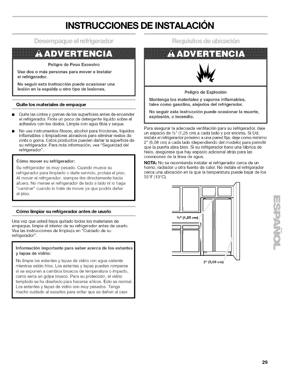 Aadvertenci, Quite los materiales de empaque, Cómo limpiar su refrigerador antes de usarlo | Instrucciones de instalacion | Kenmore 10656713500 User Manual | Page 29 / 80