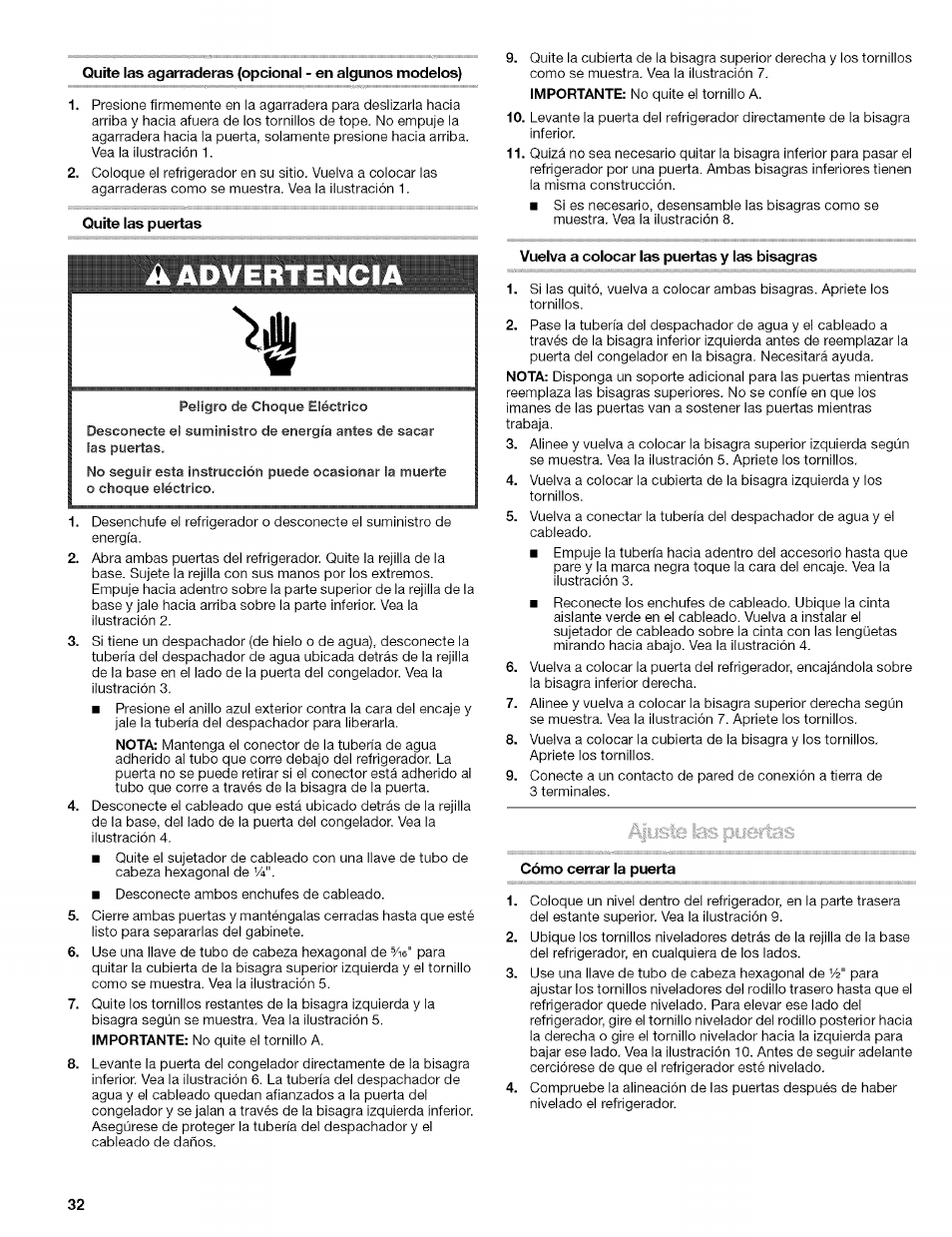 Quite las puertas, Advertenci, Vuelva a colocar las puertas y las bisagras | Cómo cerrar la puerta, Ajuste las puertas, I'ii | Kenmore 10656713500 User Manual | Page 32 / 80