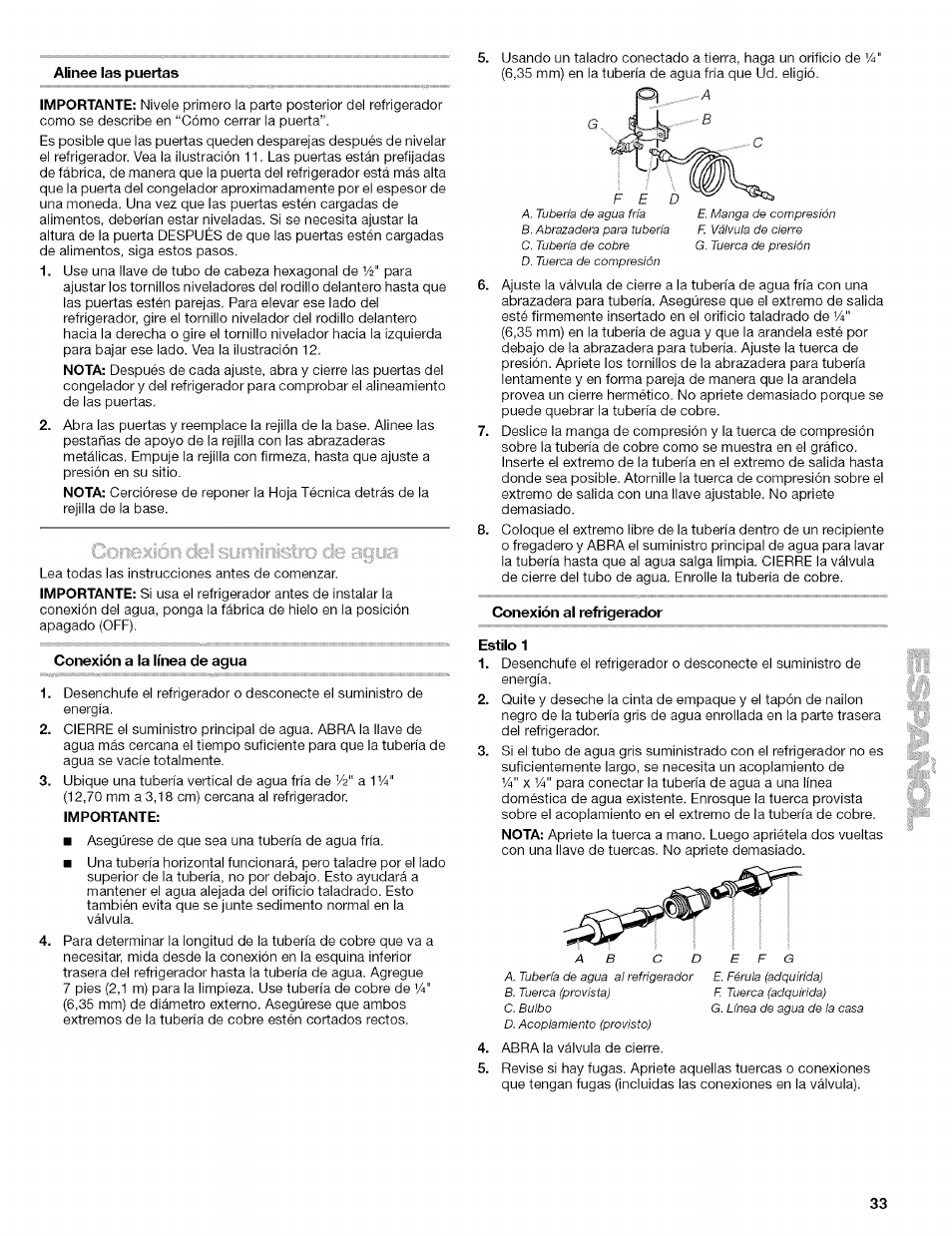 Alinee las puertas, Conexión a la línea de agua, Conexión al refrigerador | Estilo 1 | Kenmore 10656713500 User Manual | Page 33 / 80