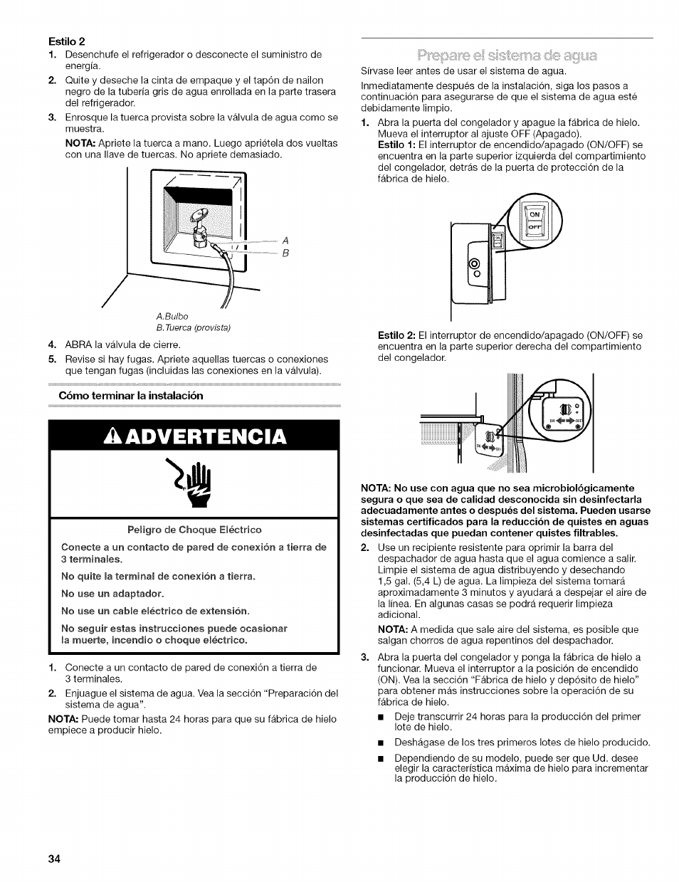 Estilo 2, Cómo terminar ia instaiación, Advertencia | Kenmore 10656713500 User Manual | Page 34 / 80