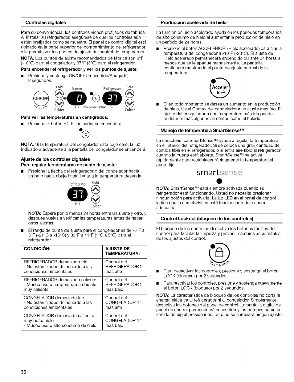 Producción acelerada de hielo, Ajuste de los controles digitales, Manejo de temperatura smartsense | Control lockout (bloqueo de los controles) | Kenmore 10656713500 User Manual | Page 36 / 80