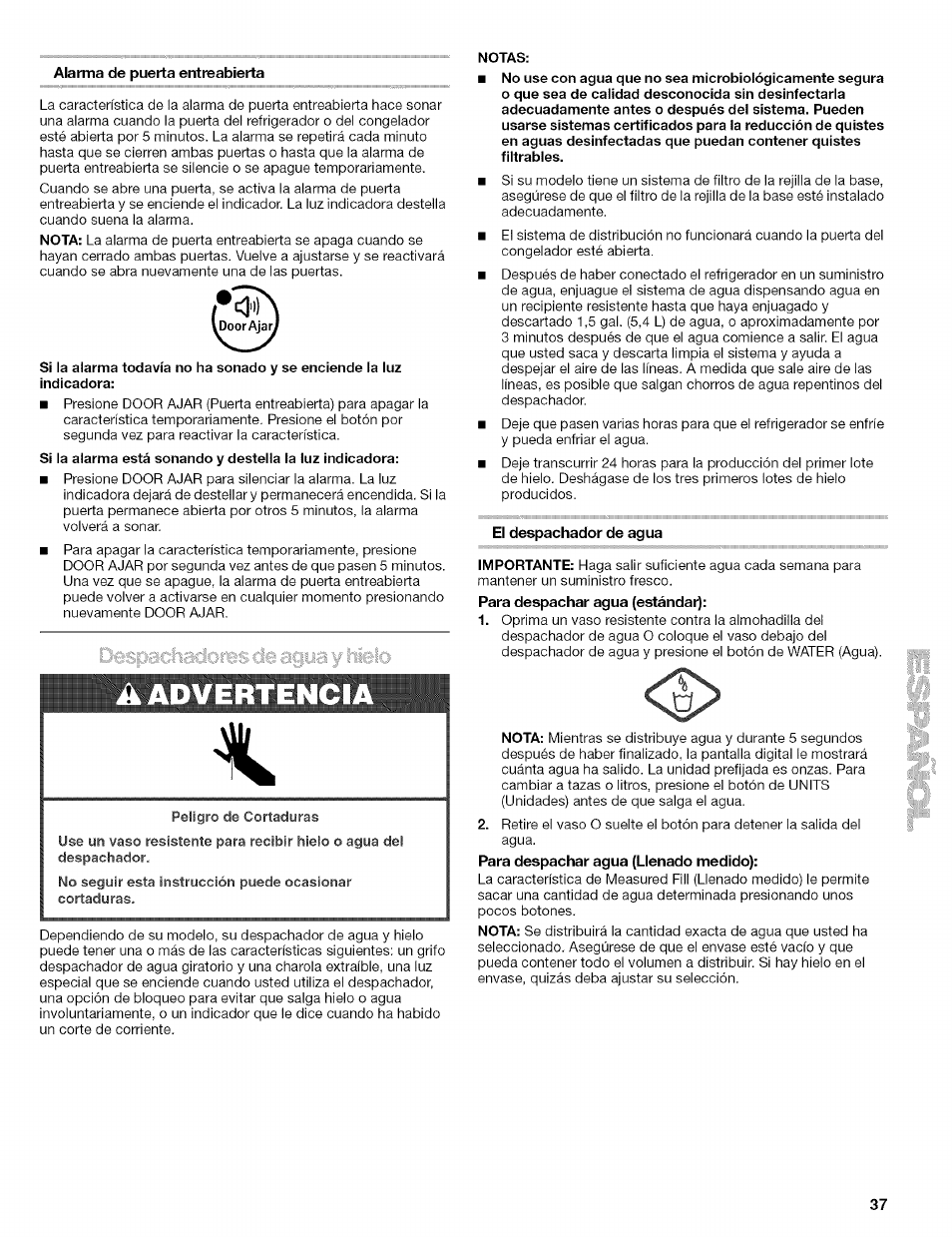 Alarma de puerta entreabierta, A advertencia, Notas | El despachador de agua | Kenmore 10656713500 User Manual | Page 37 / 80