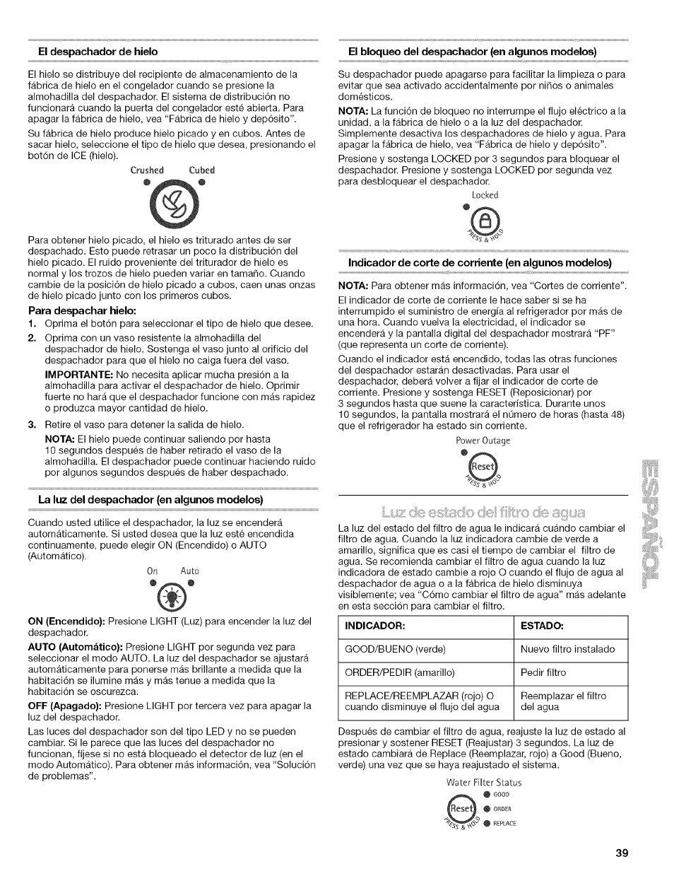 El despachador de hielo, La luz del despachador (en algunos modelos), El bloqueo del despachador (en algunos modelos) | Despachadores de agua y hielo | Kenmore 10656713500 User Manual | Page 39 / 80