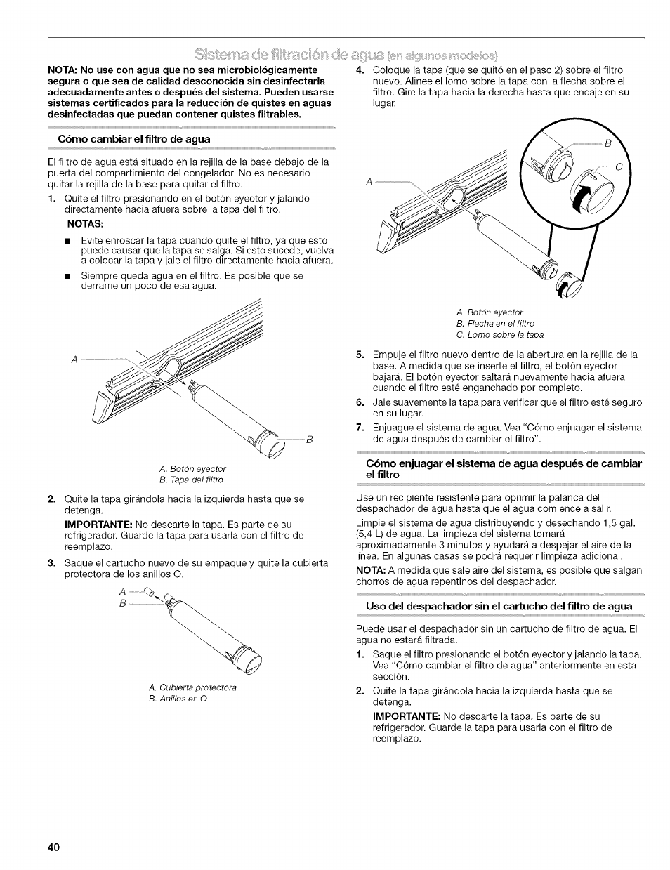 Cómo cambiar el filtro de agua, Notas | Kenmore 10656713500 User Manual | Page 40 / 80