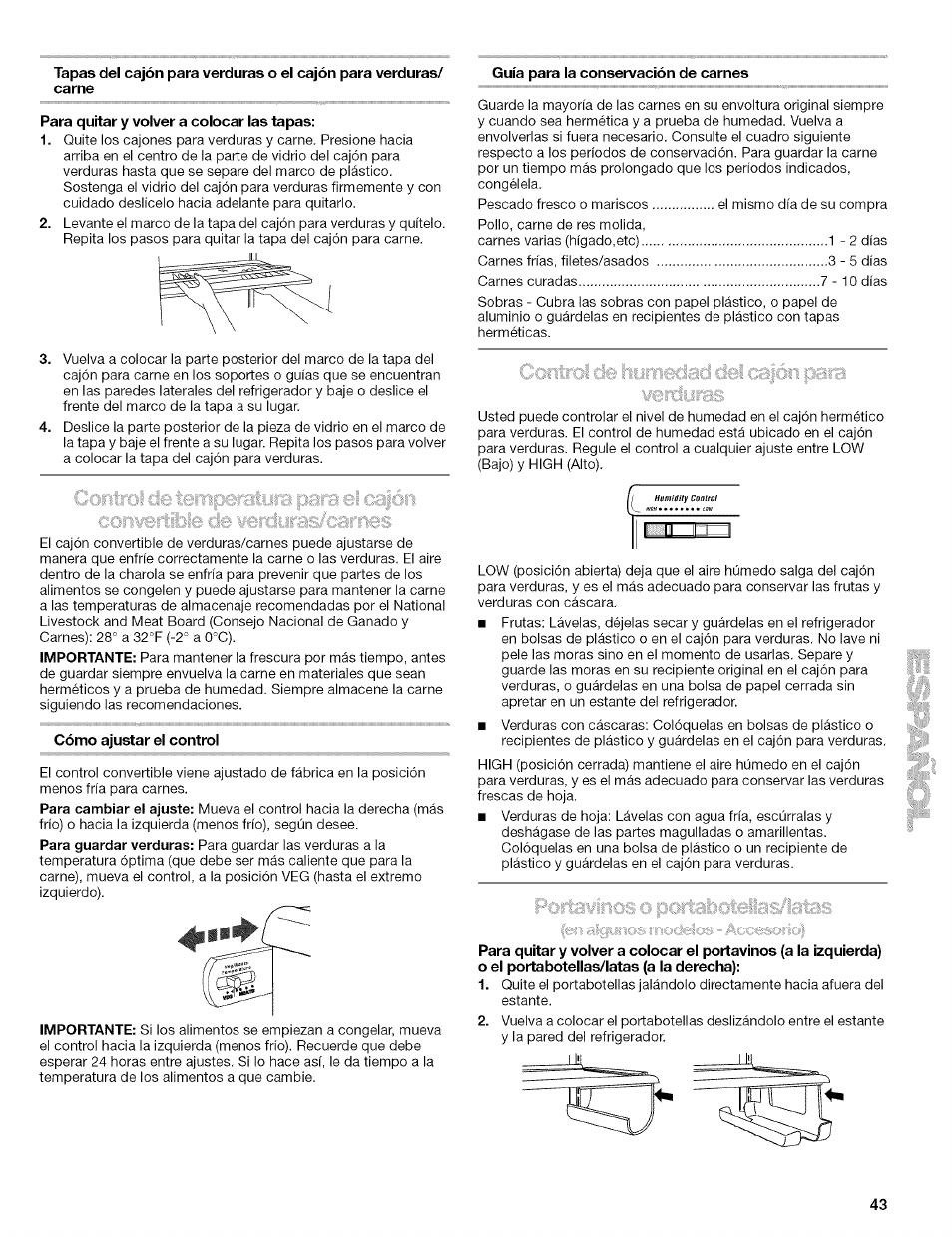 Para quitar y volver a colocar las tapas, Cómo ajustar el control, Guía para la conservación de carnes | Kenmore 10656713500 User Manual | Page 43 / 80