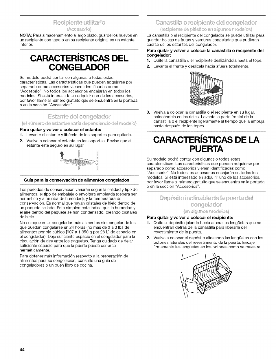 Guía para la conservación de alimentos congelados, Para quitar y volver a colocar el recipiente, Caracteristicas del congelador | Características de la puerta | Kenmore 10656713500 User Manual | Page 44 / 80