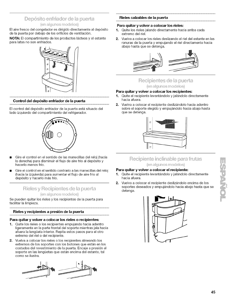 Rieles calzables de la puerta, Control del depósito enfriador de la puerta, Rieles y recipientes a presión de la puerta | Para quitar y volver a colocar los rieles, Para quitar y volver a colocar los recipientes, Para quitar y volver a colocar el recipiente | Kenmore 10656713500 User Manual | Page 45 / 80