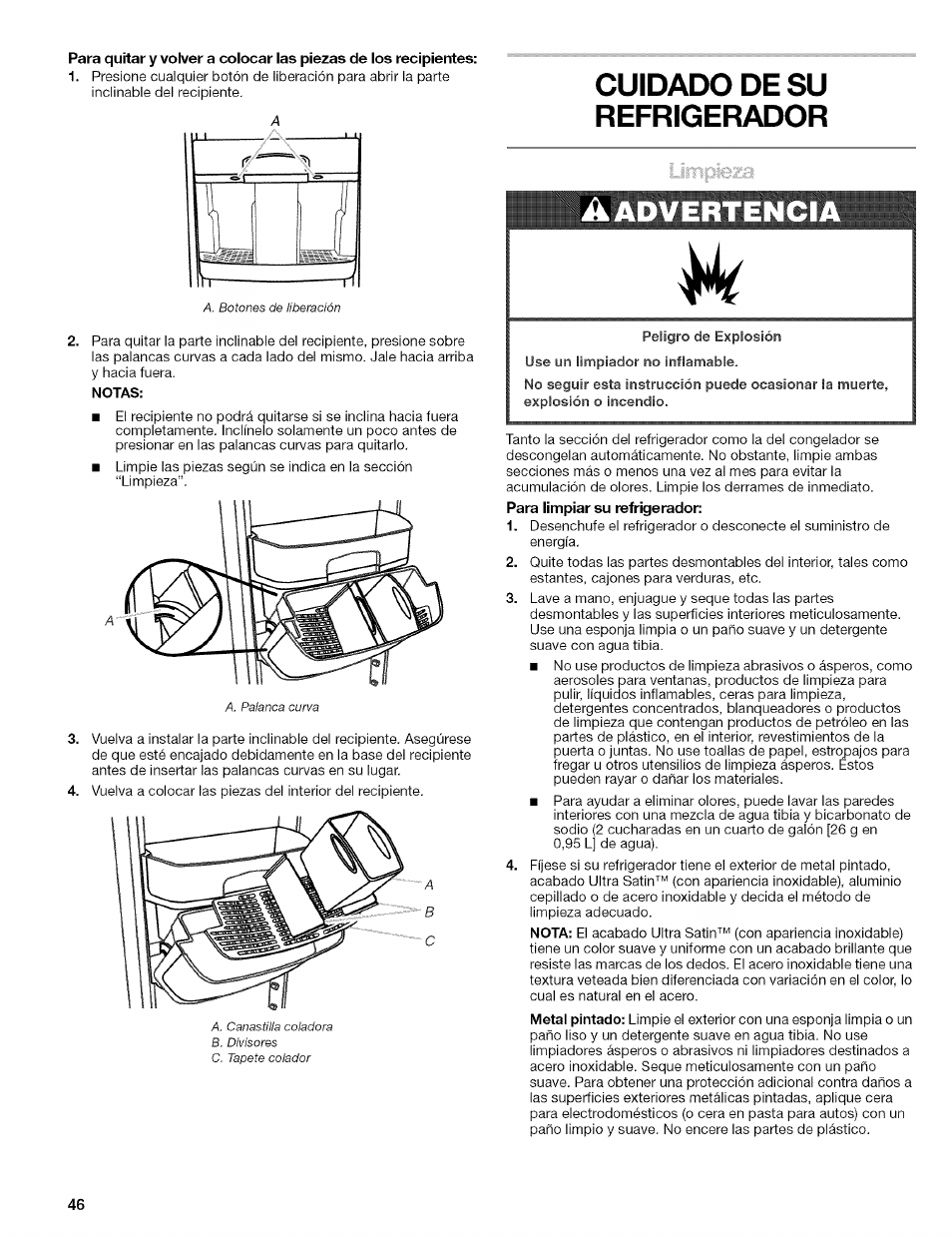 Cuidado de su refrigerador, Advertenci | Kenmore 10656713500 User Manual | Page 46 / 80