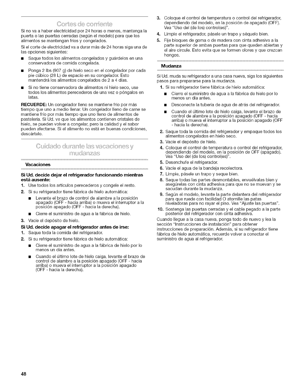 Vacaciones, Mudanza | Kenmore 10656713500 User Manual | Page 48 / 80