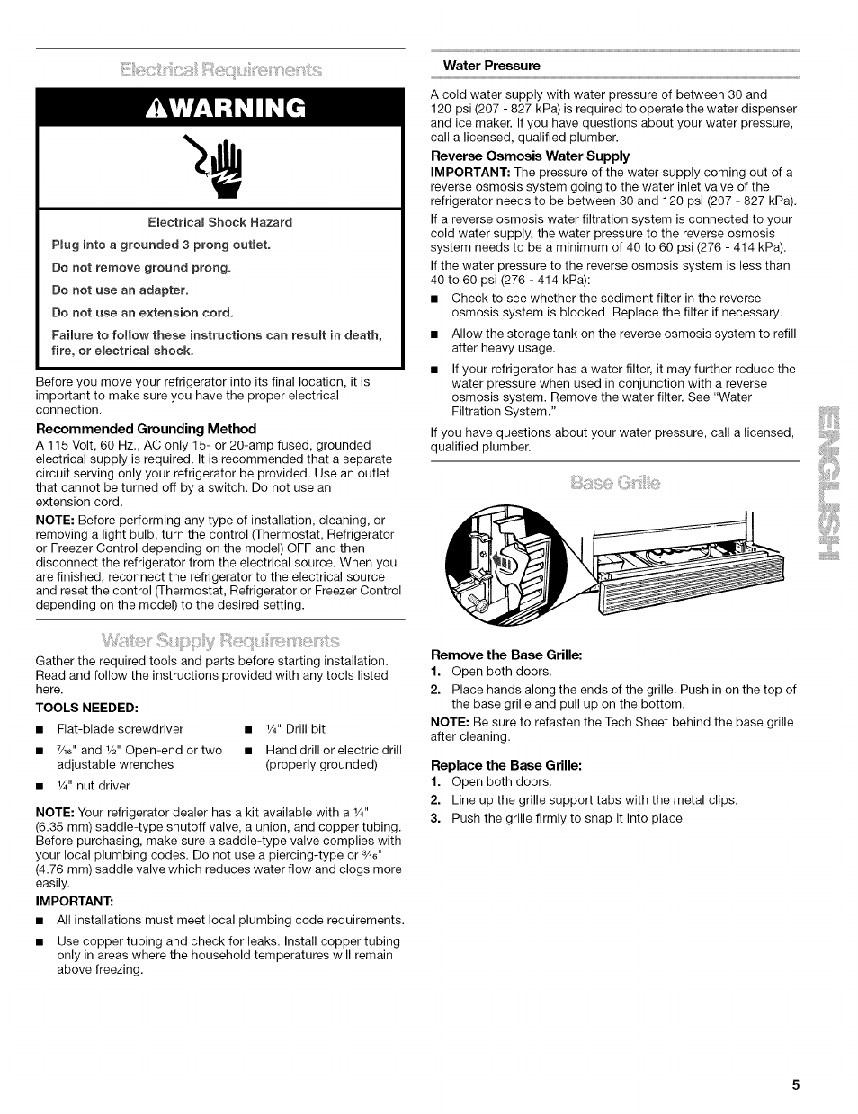 Water pressure, Awarning, Remove the base grille | Replace the base grille | Kenmore 10656713500 User Manual | Page 5 / 80