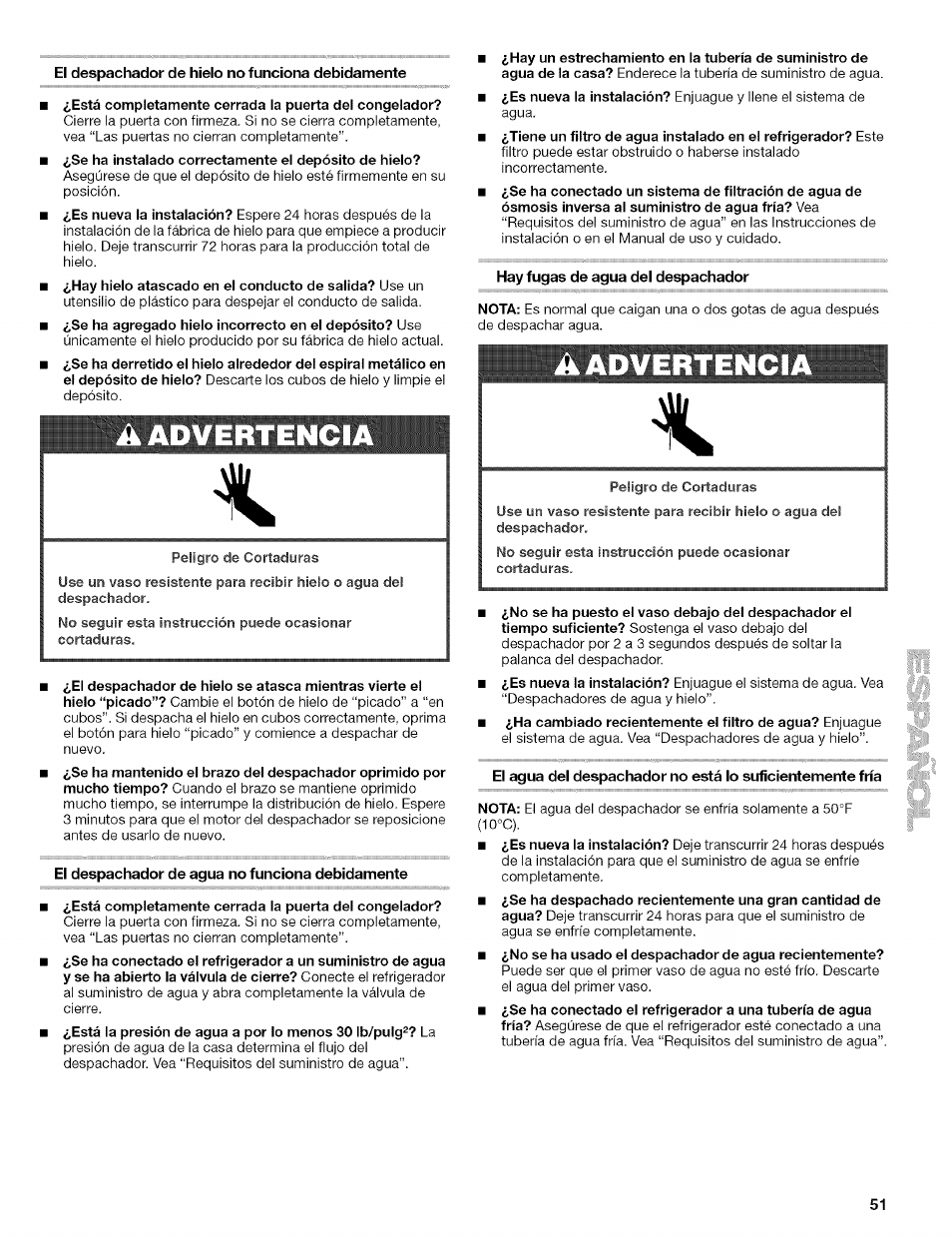 El despachador de hielo no funciona debidamente, A advertencia, El despachador de agua no funciona debidamente | Hay fugas de agua del despachador, Aadvertenci | Kenmore 10656713500 User Manual | Page 51 / 80