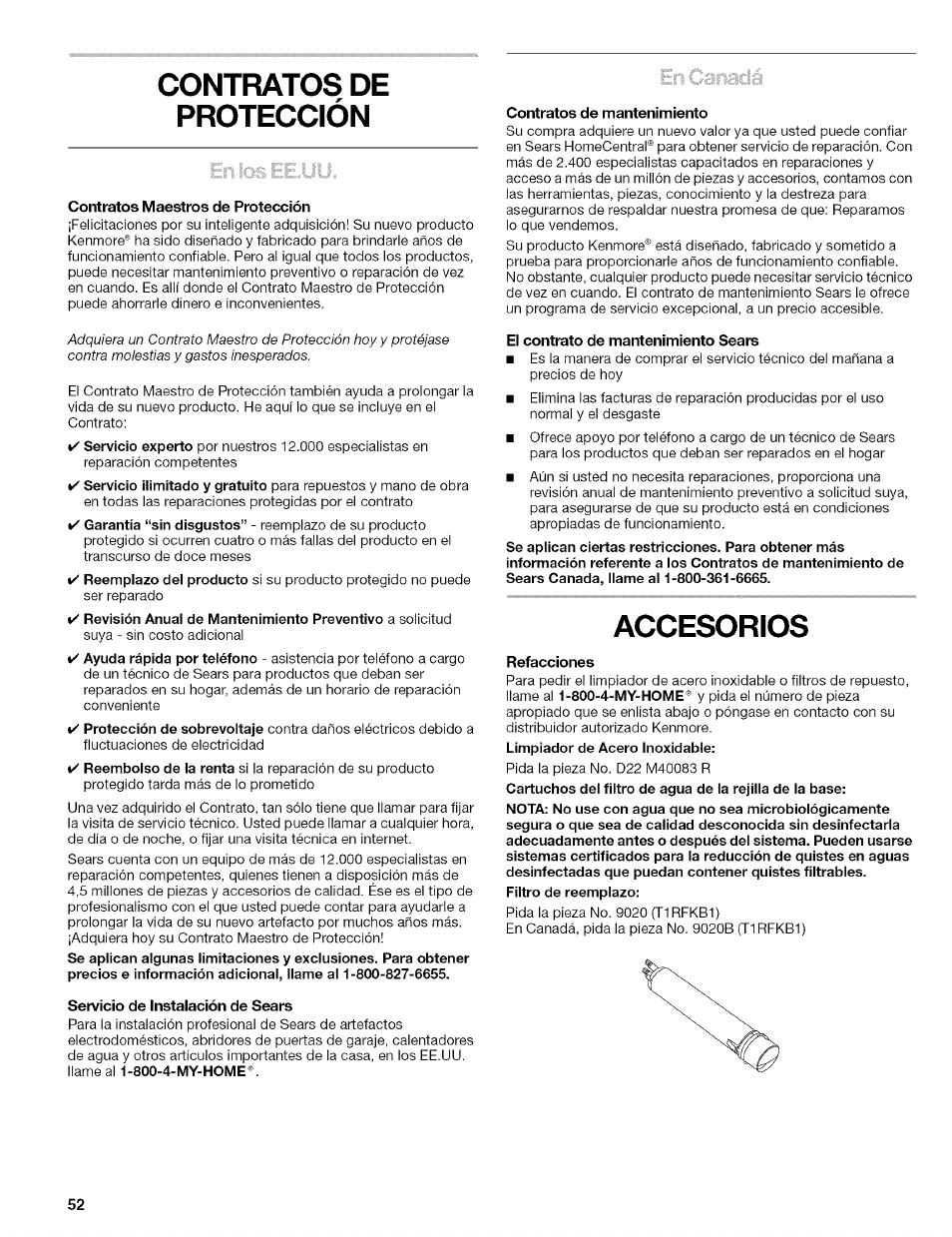 Contratos maestros de protección, Servicio de instalación de sears, Contratos de mantenimiento | El contrato de mantenimiento sears, Refacciones, Contratos de protección, Accesorios | Kenmore 10656713500 User Manual | Page 52 / 80