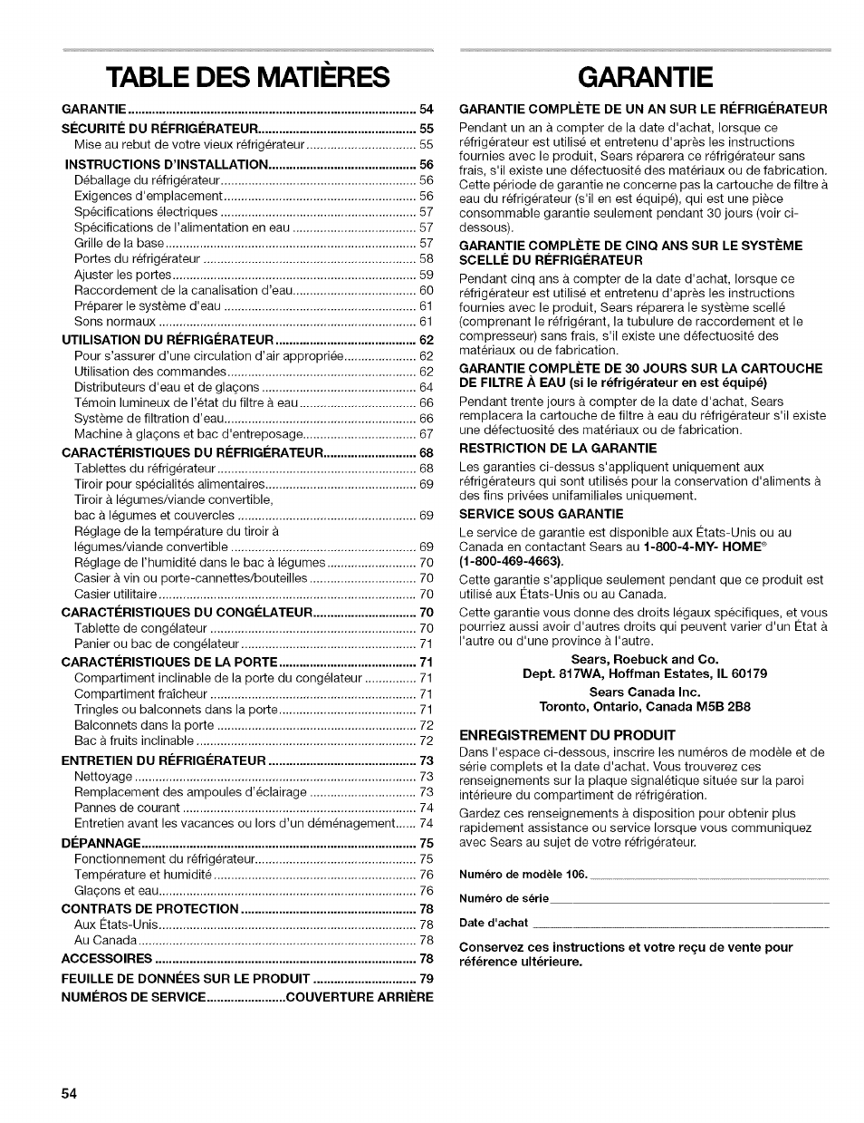 Table des matieres, Garantie | Kenmore 10656713500 User Manual | Page 54 / 80