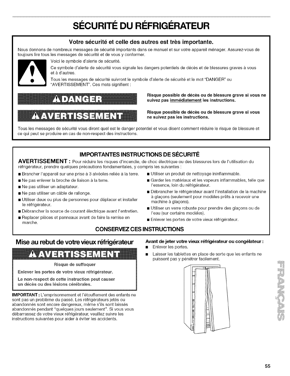 Adanger, Mise au rebut de votre vieux réfrigérateur, Securite du refrigerateur | Kenmore 10656713500 User Manual | Page 55 / 80