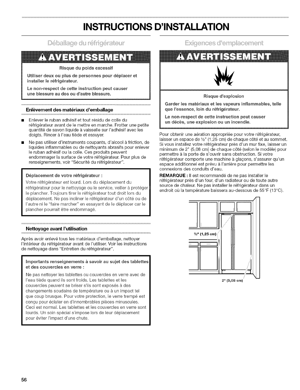Âavertissemen, Enlèvement des matériaux d'emballage, Nettoyage avant l’utilisation | Aavertissemen, Instructions d’installation | Kenmore 10656713500 User Manual | Page 56 / 80