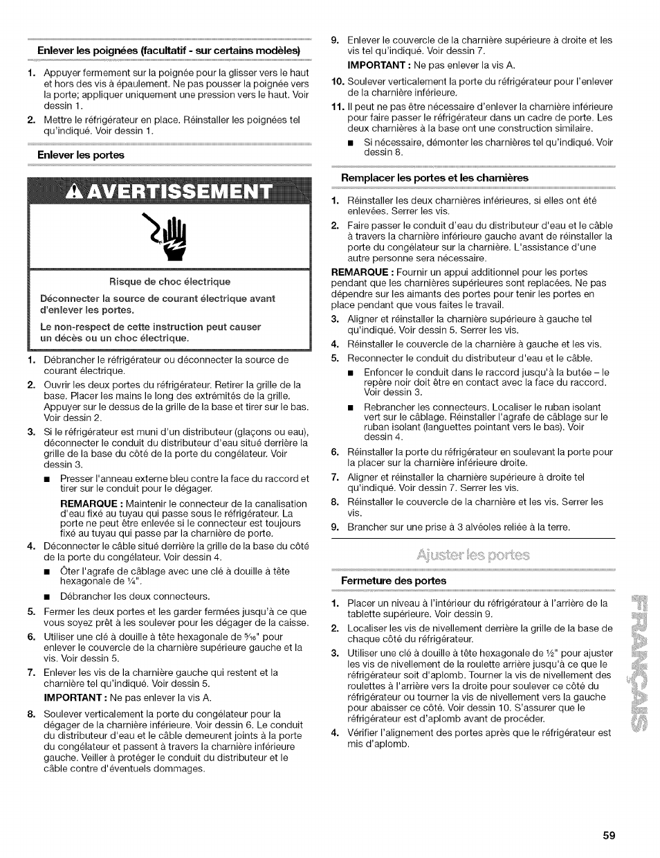 Enlever les portes, Avertissement, Remplacer les portes et les charnières | Fermeture des portes | Kenmore 10656713500 User Manual | Page 59 / 80
