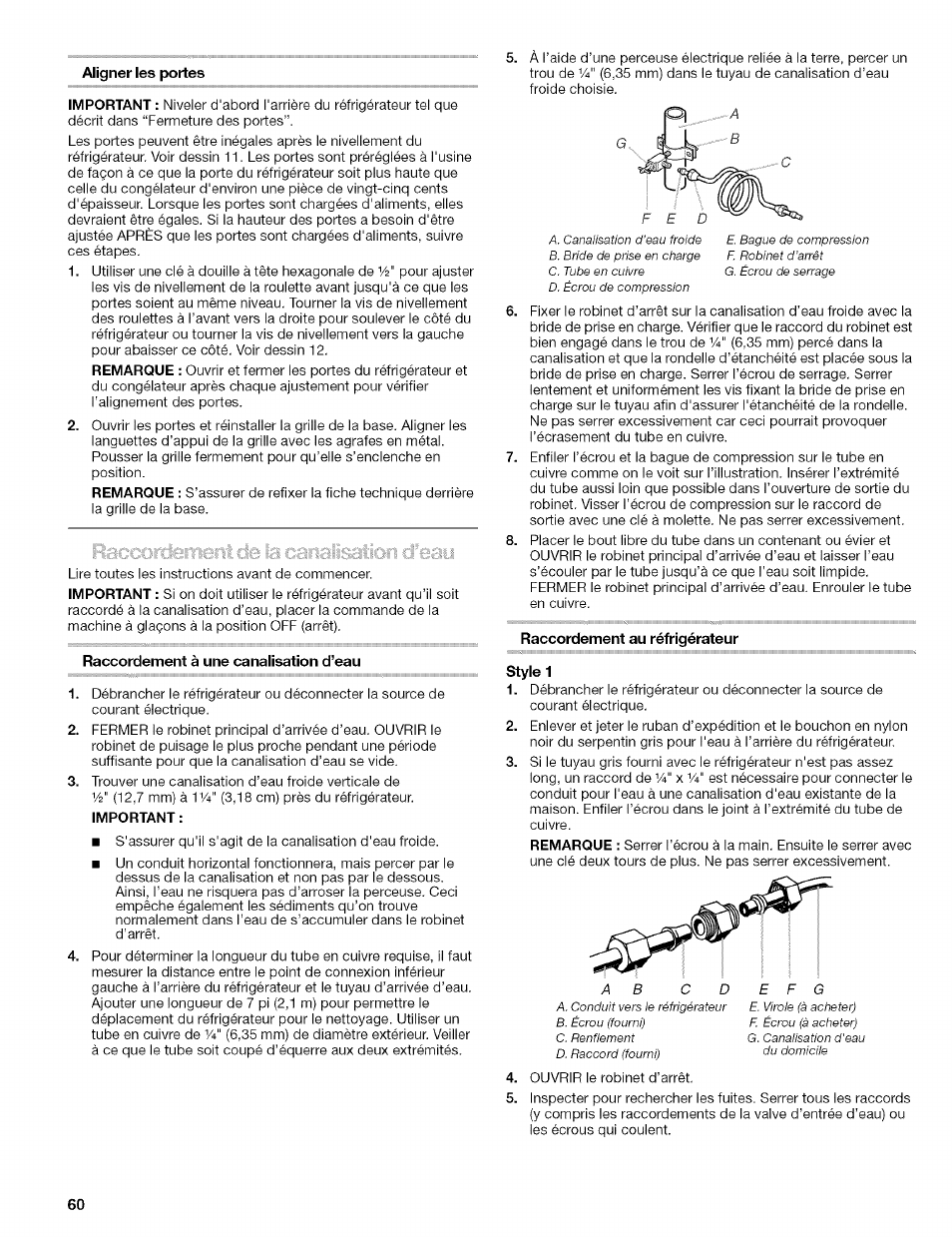Raccordement à une canalisation d’eau, Raccordement au réfrigérateur, Raccordement de la canalisation d’eau | Kenmore 10656713500 User Manual | Page 60 / 80