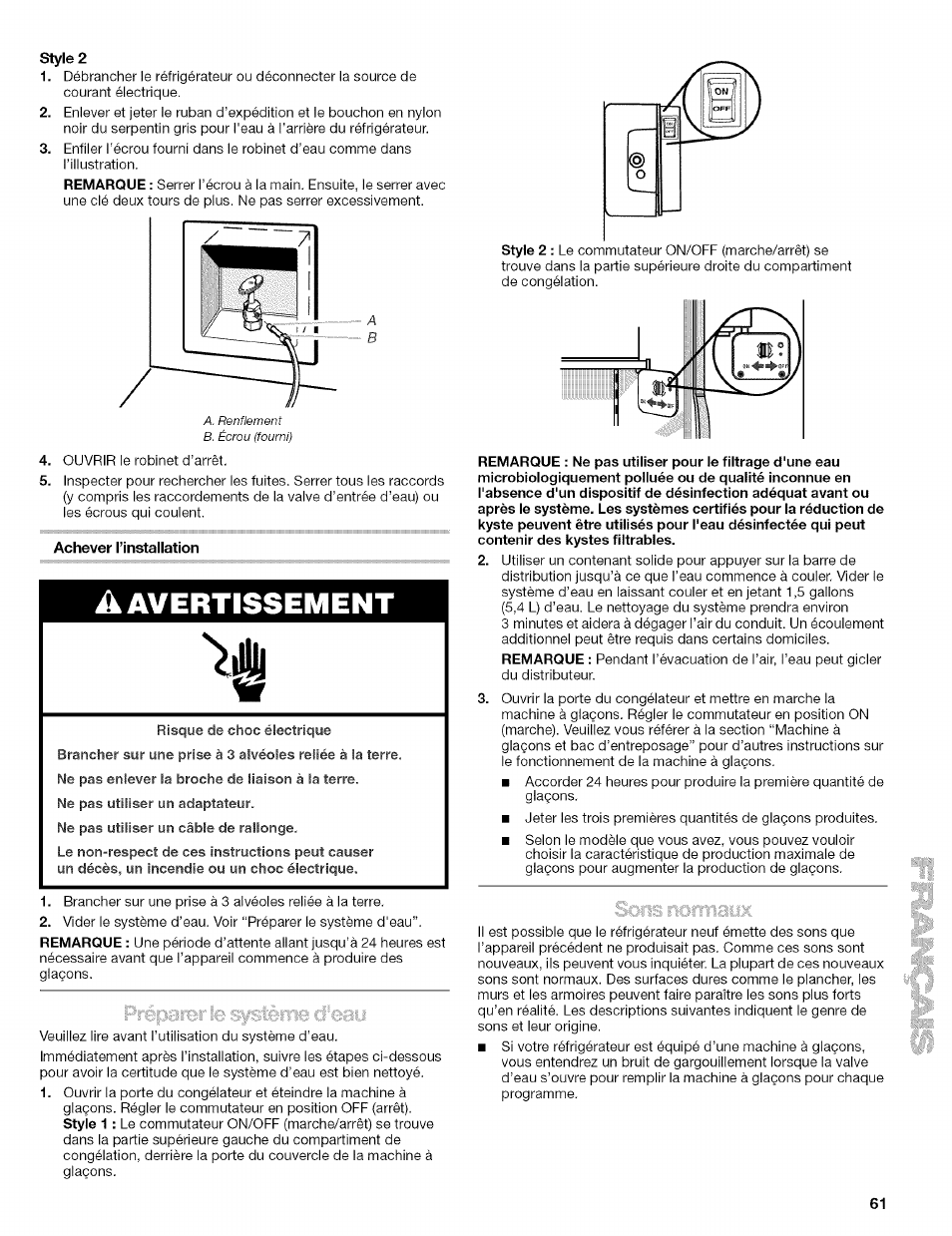 Style 2, Achever l’installation, À avertissement | Kenmore 10656713500 User Manual | Page 61 / 80