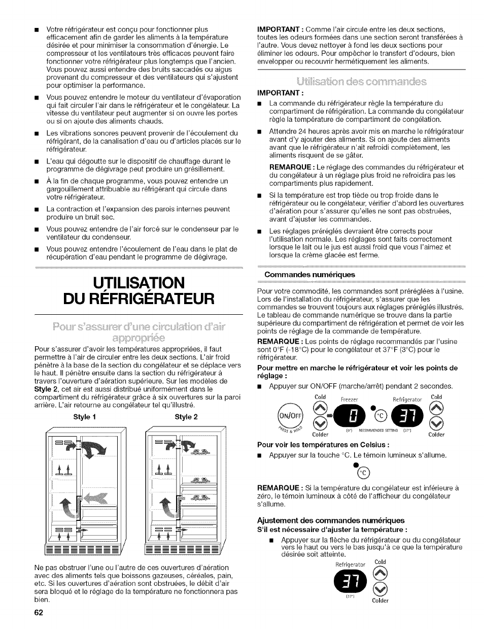 Commandes numériques, Utilisation du réfrigérateur | Kenmore 10656713500 User Manual | Page 62 / 80