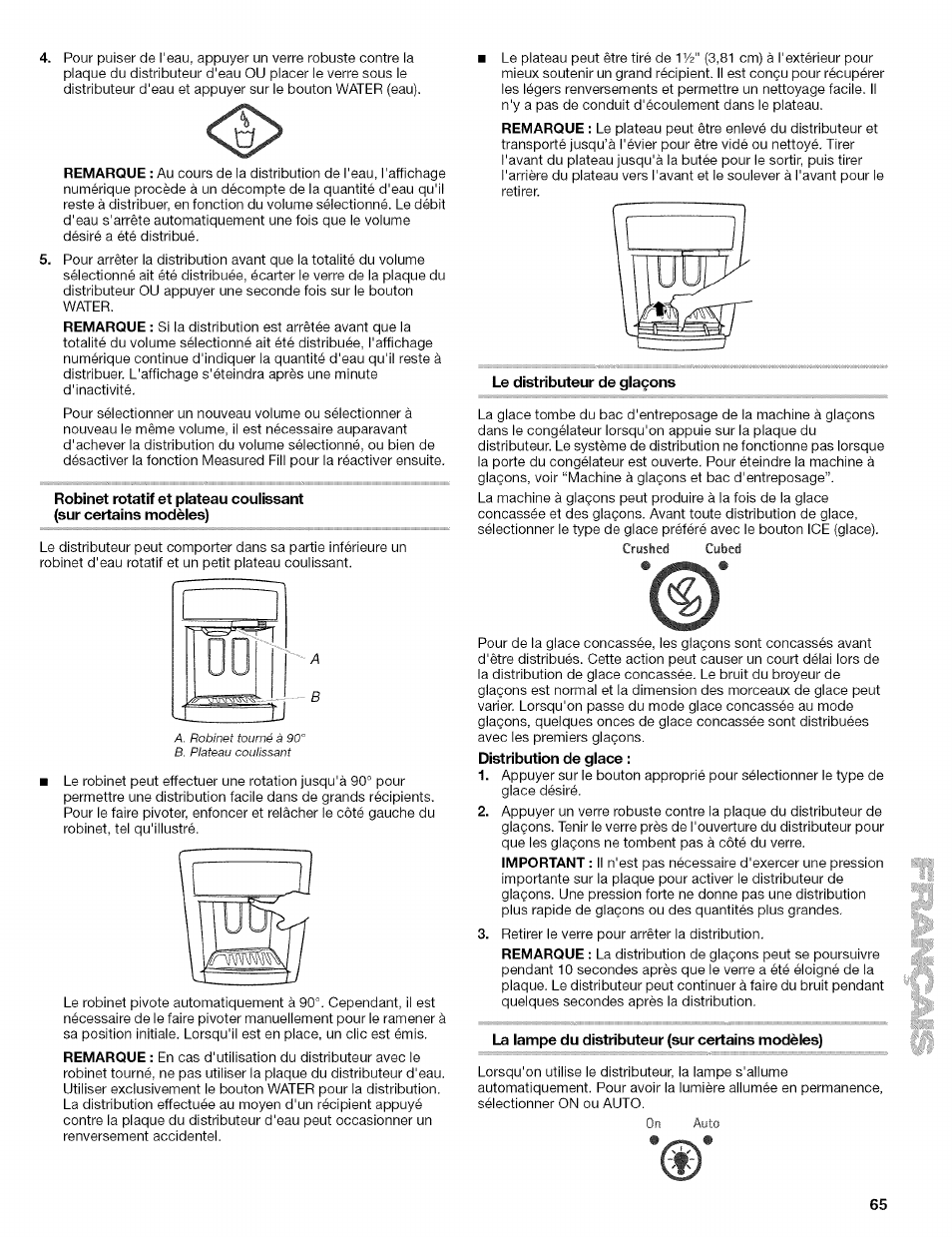 Le distributeur de glaçons, La lampe du distributeur (sur certains modèles), Distributeurs d'eau et de giaçons | Kenmore 10656713500 User Manual | Page 65 / 80