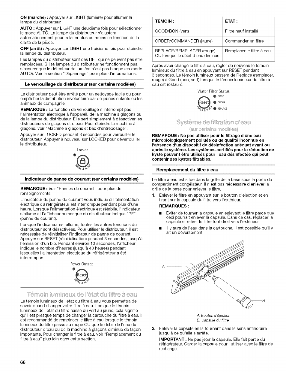 Remplacement du filtre à eau, Remarques | Kenmore 10656713500 User Manual | Page 66 / 80