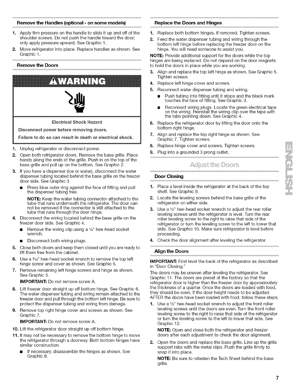 Remove the handles (optional - on some models), Replace the doors and hinges, Remove the doors | Door closing, Align the doors | Kenmore 10656713500 User Manual | Page 7 / 80