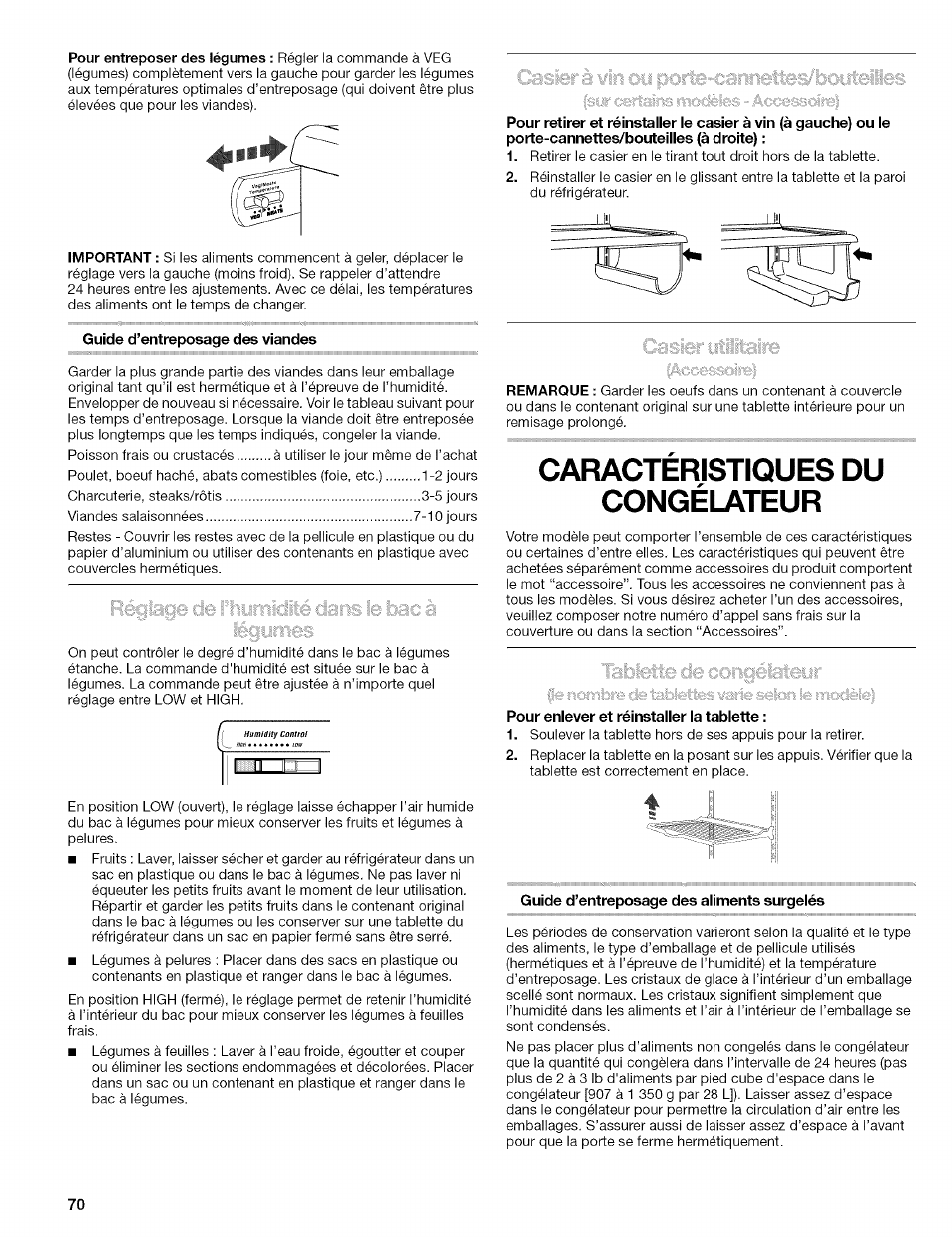 Guide d’entreposage des viandes, Pour enlever et réinstaller la tablette, Guide d’entreposage des aliments surgelés | Caractéristiques du congélateur | Kenmore 10656713500 User Manual | Page 70 / 80