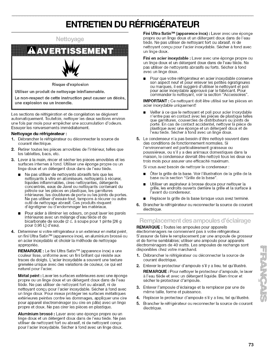 Âavertissemen, Entreten du refrigerateur | Kenmore 10656713500 User Manual | Page 73 / 80