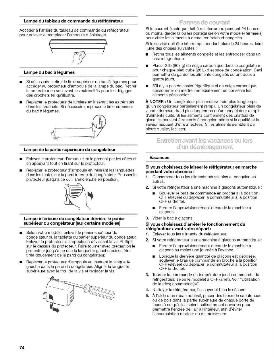 Lampe du tableau de commande du réfrigérateur, Lampe du bac à légumes, Lampe de la partie supérieure du congélateur | Vacances | Kenmore 10656713500 User Manual | Page 74 / 80