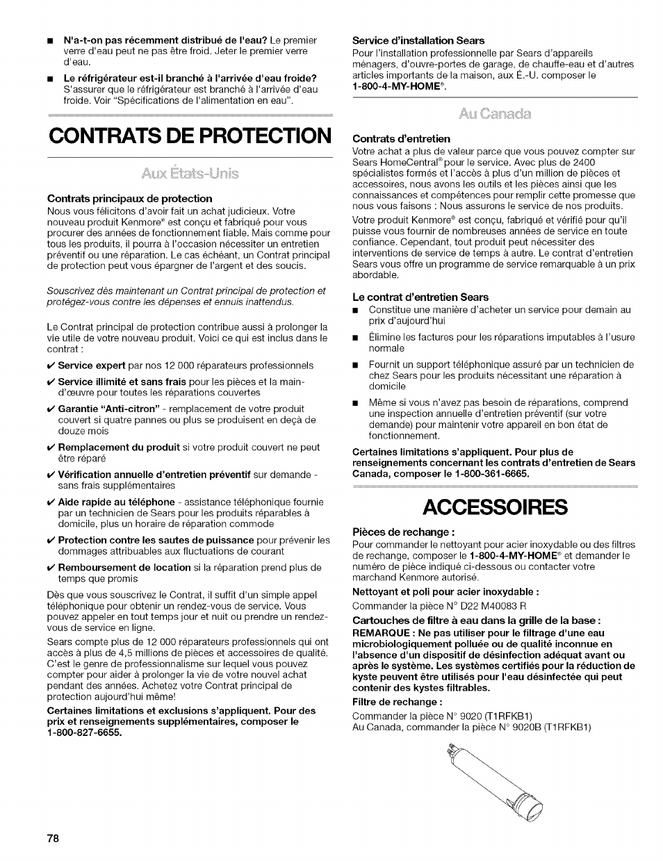 Contrats de protection, Accessoires | Kenmore 10656713500 User Manual | Page 78 / 80