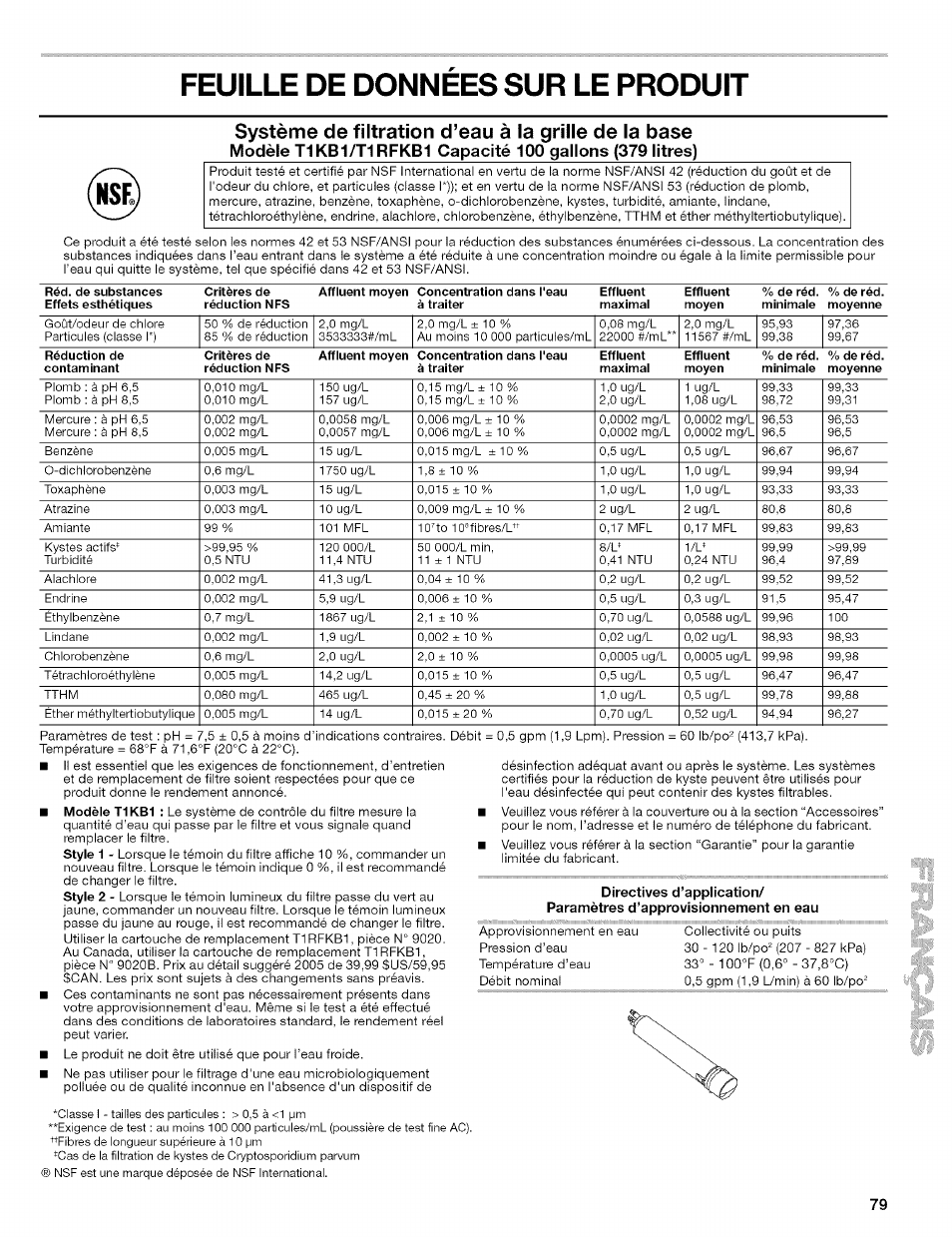Feuille de donnees sur le produit, Système de filtration d’eau à la grille de la base | Kenmore 10656713500 User Manual | Page 79 / 80