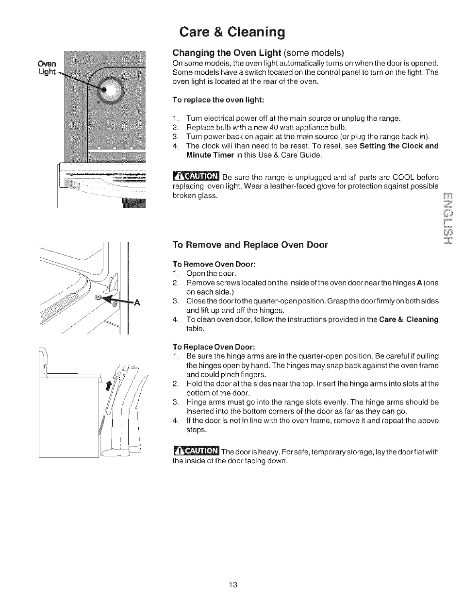 Changing the oven light {some models), To remove and replace oven door, Care & cleaning | Kenmore 790.72114 User Manual | Page 13 / 16