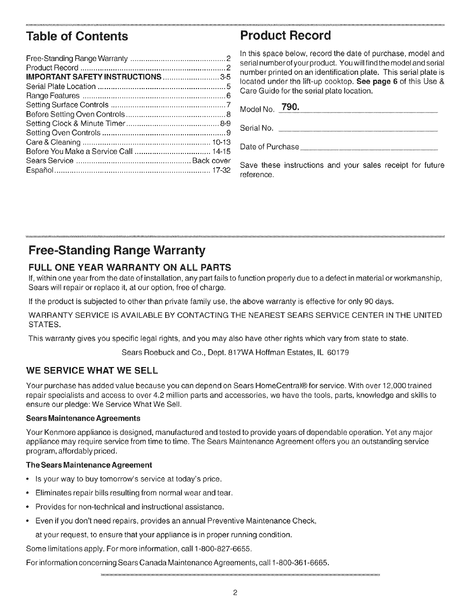 Full one year warranty on all parts, We service what we sell, Table of contents product record | Free-standing range warranty | Kenmore 790.72114 User Manual | Page 2 / 16