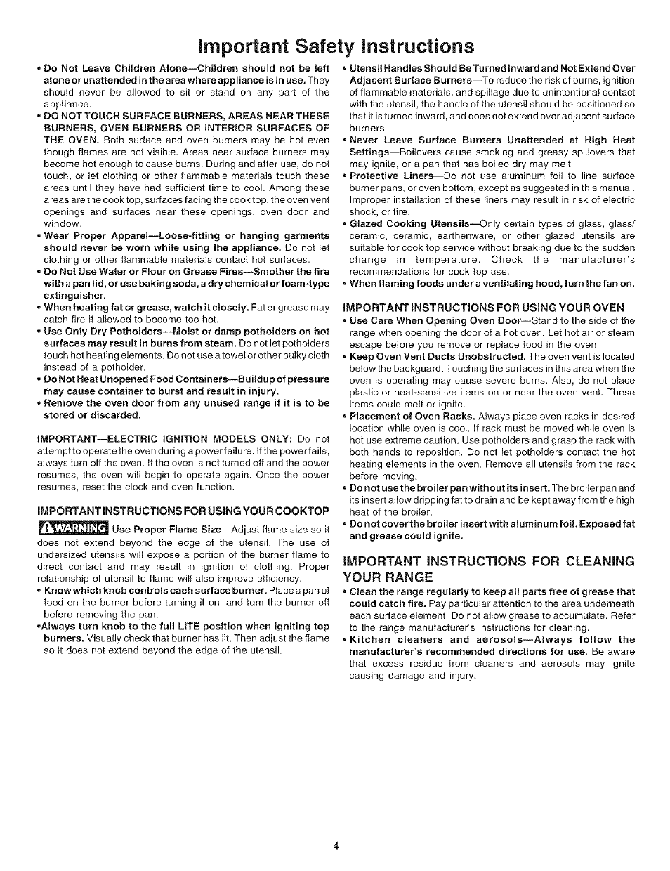 Important instructions for using your cooktop, Important instructions for using your oven, Important instructions for cleaning your range | Important safety instructions | Kenmore 790.72114 User Manual | Page 4 / 16