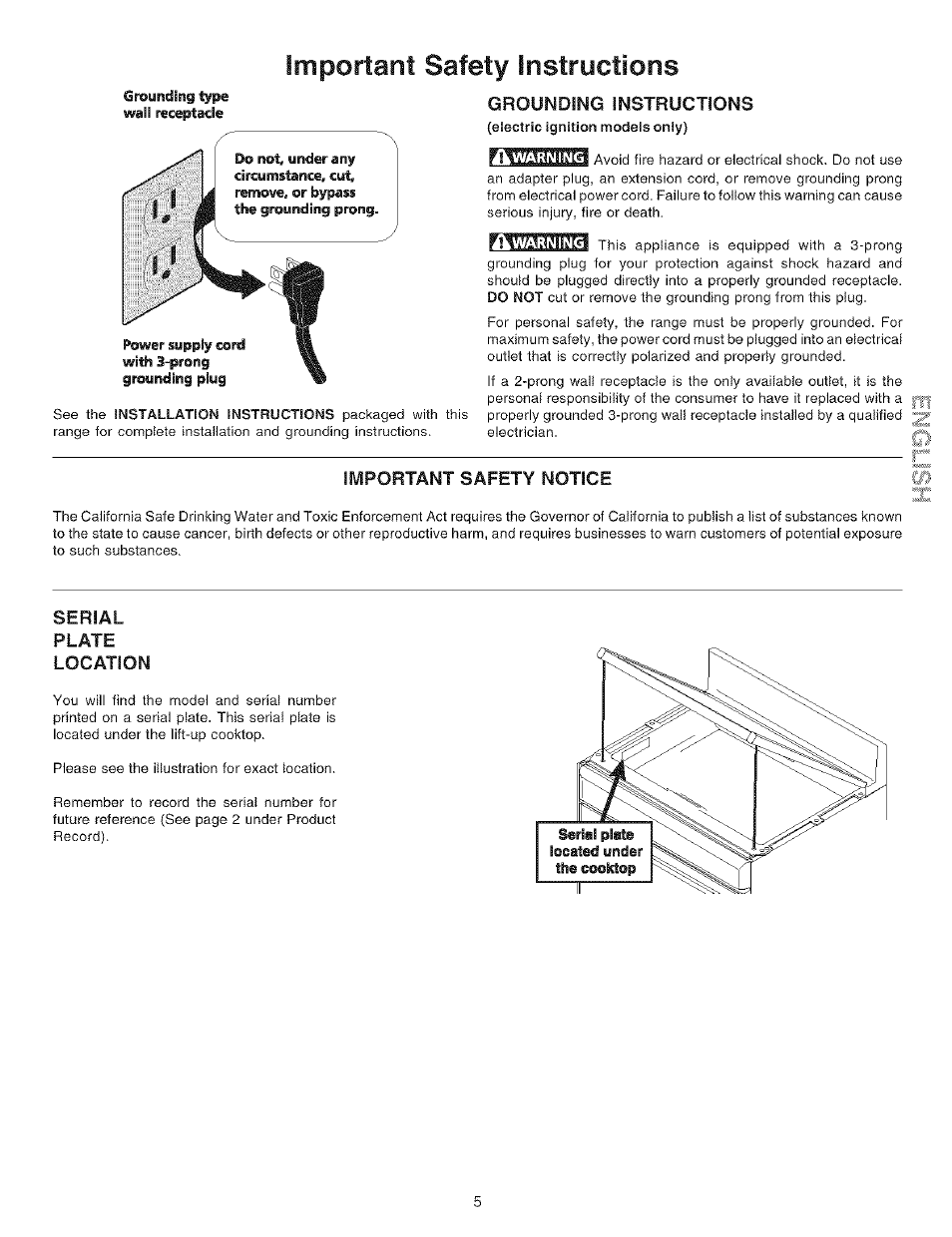 Grounding instructions, Important safety notice, Serial | Plate, Location, Important safety instructions | Kenmore 790.72114 User Manual | Page 5 / 16