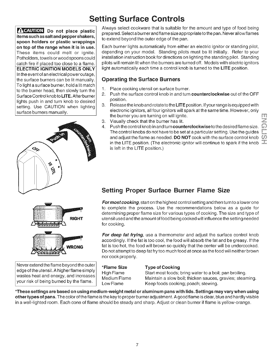 Electric ignition models only, Operating the surface burners, Setting proper surface burner flame size | Flame size type of cooking, Controls, Setting surface, Size | Kenmore 790.72114 User Manual | Page 7 / 16