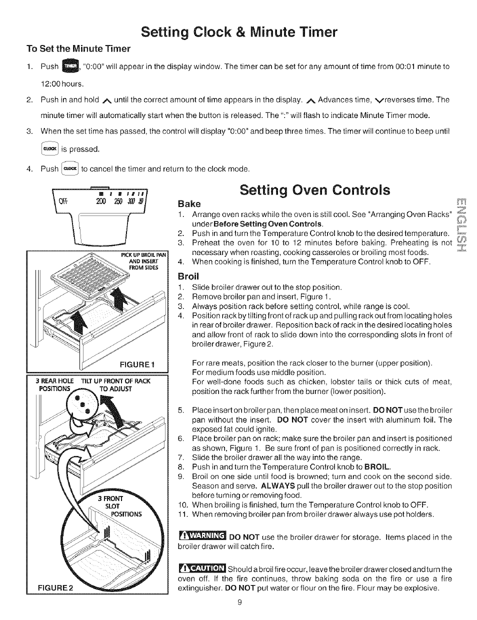 To set the minute timer, Bake, Broil | Setting clock & minute timer, Setting oven controls | Kenmore 790.72114 User Manual | Page 9 / 16