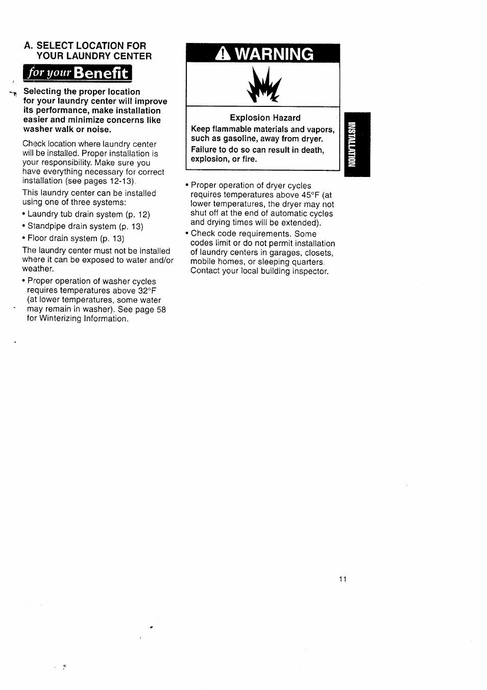 A. select location for your laundry center, Benefit, A warning | Or your | Kenmore Washer/Dryer User Manual | Page 11 / 66
