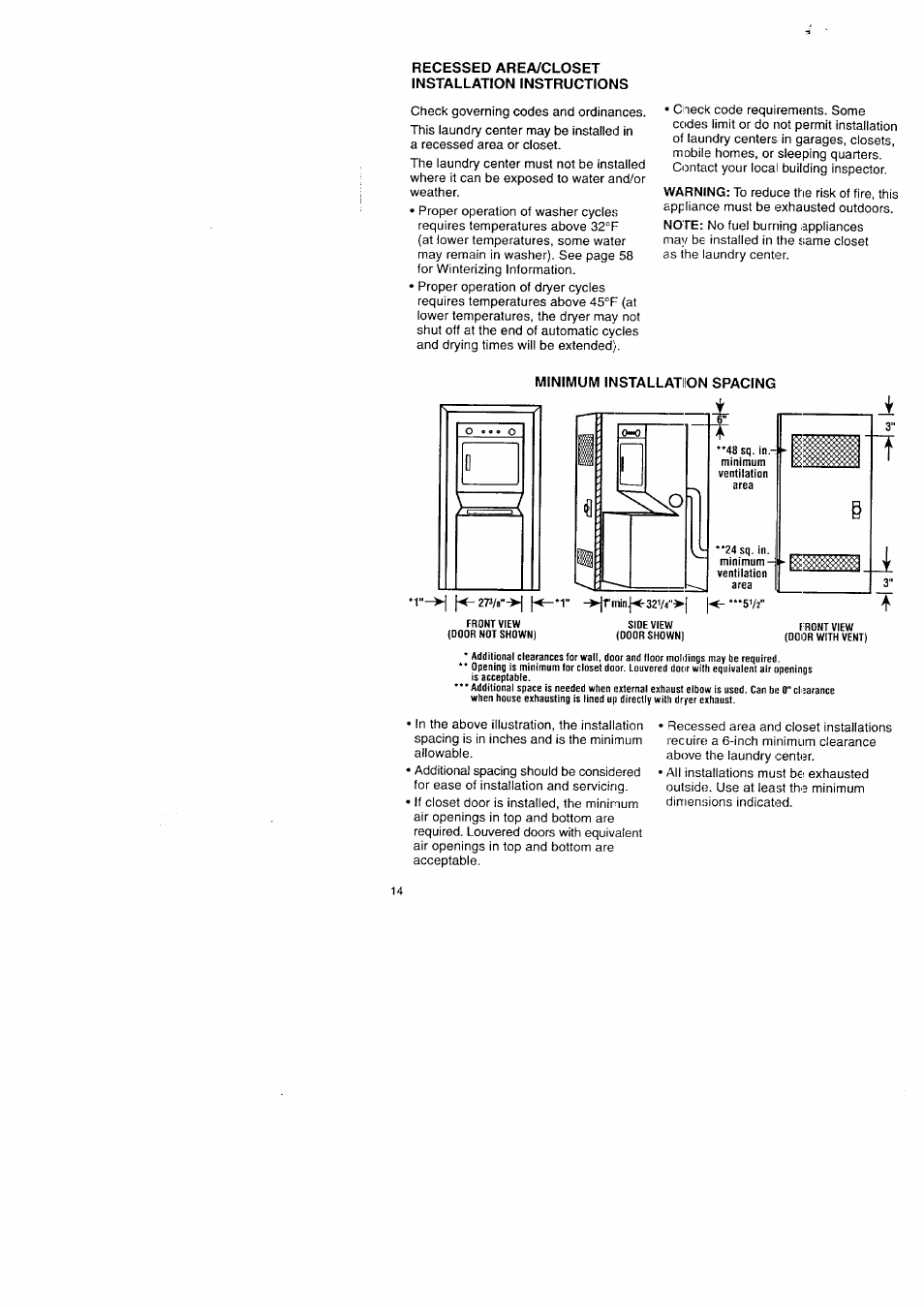 Recessed area/closet installation instructions, Minimum installation spacing | Kenmore Washer/Dryer User Manual | Page 14 / 66