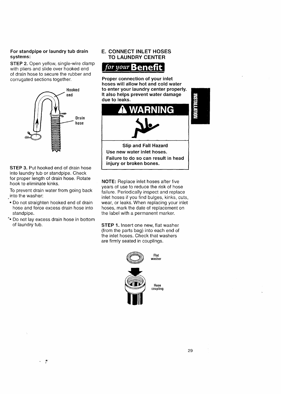 For standpipe or laundry tub drain systems, Benefit, A warning | For ijour | Kenmore Washer/Dryer User Manual | Page 29 / 66