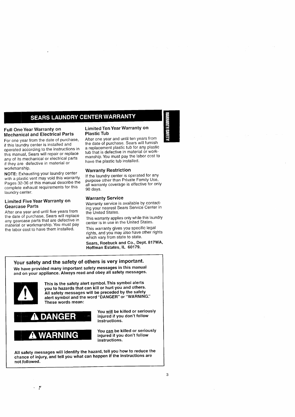 A danger a warning | Kenmore Washer/Dryer User Manual | Page 3 / 66