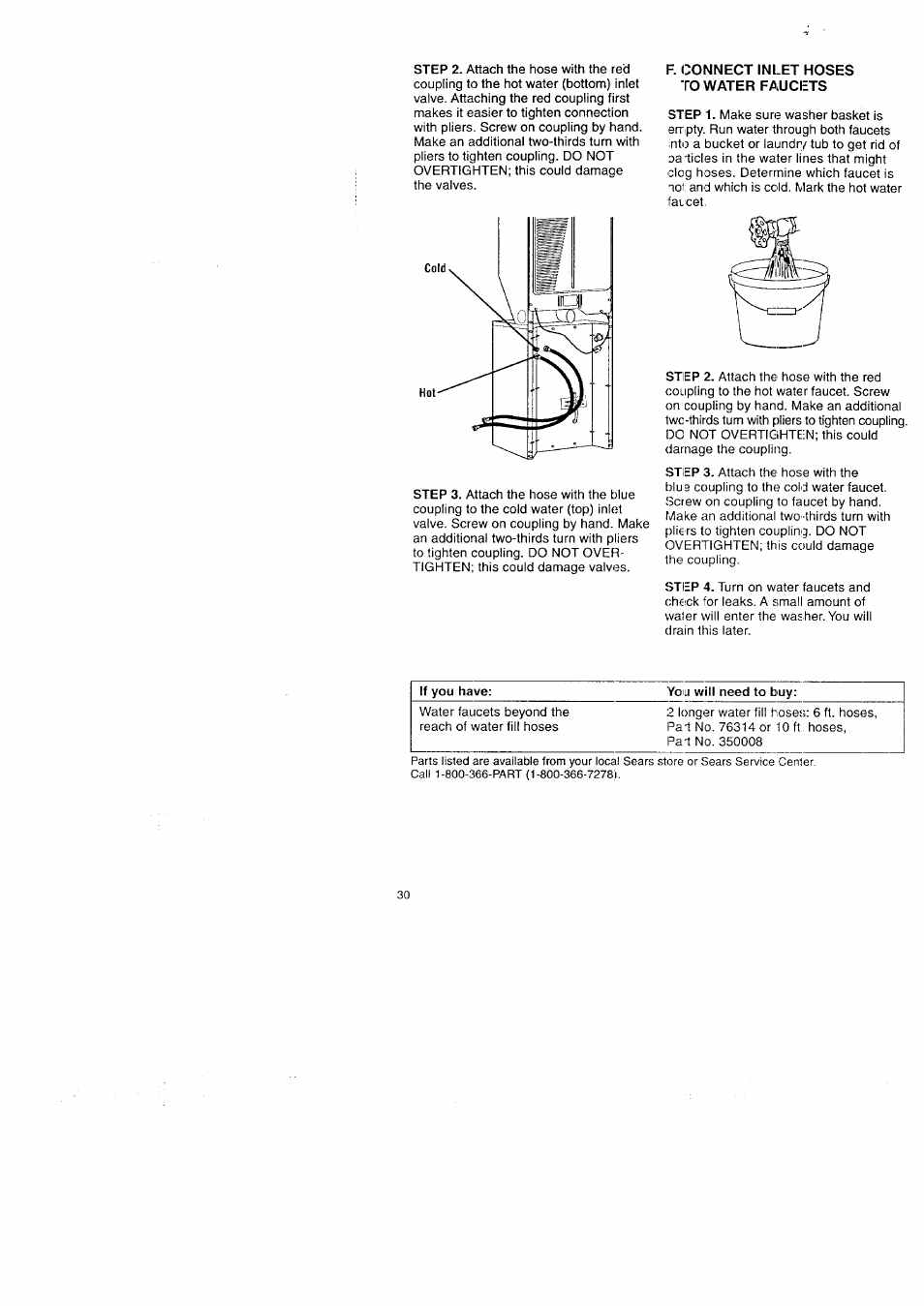 F. connect inlet hoses to water faucets | Kenmore Washer/Dryer User Manual | Page 30 / 66