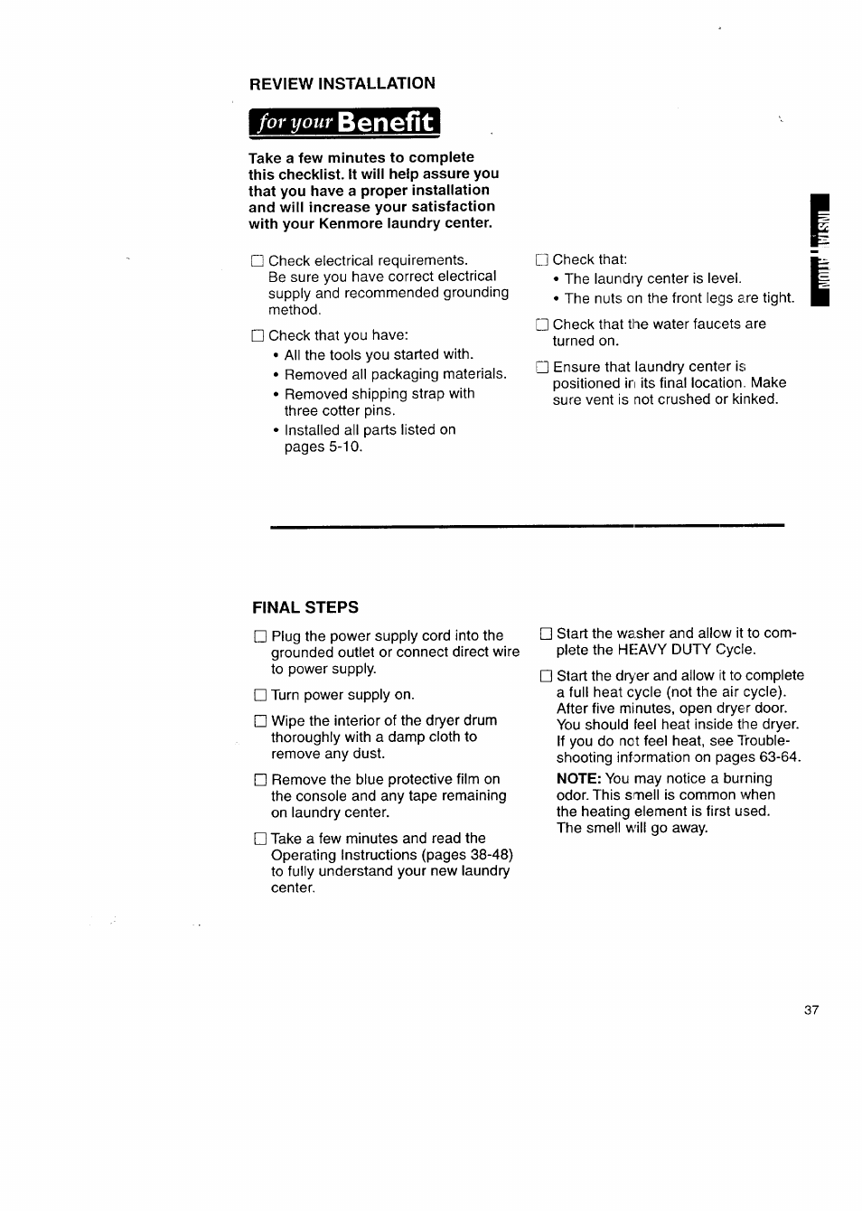 Benefit, For your | Kenmore Washer/Dryer User Manual | Page 37 / 66