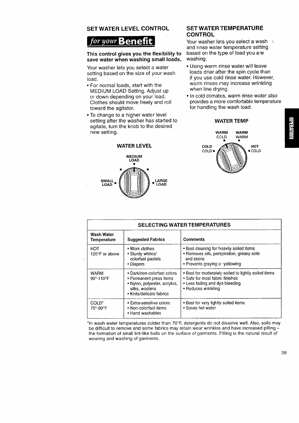 Water level, Water temp, Benefit | For your | Kenmore Washer/Dryer User Manual | Page 39 / 66