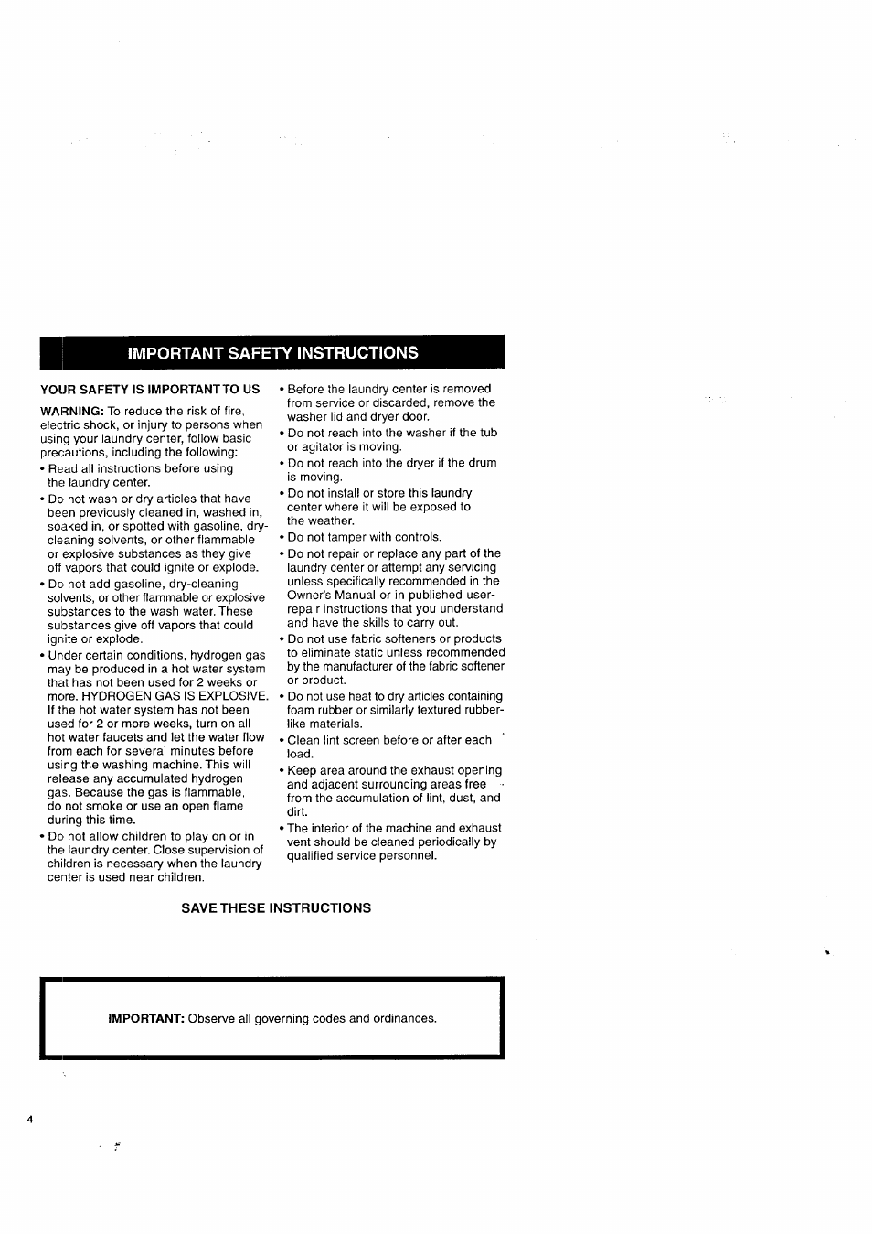 Important safety instructions, Save these instructions | Kenmore Washer/Dryer User Manual | Page 4 / 66