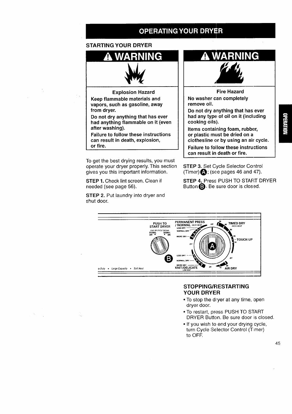 Operating your dryir, A warning | Kenmore Washer/Dryer User Manual | Page 45 / 66