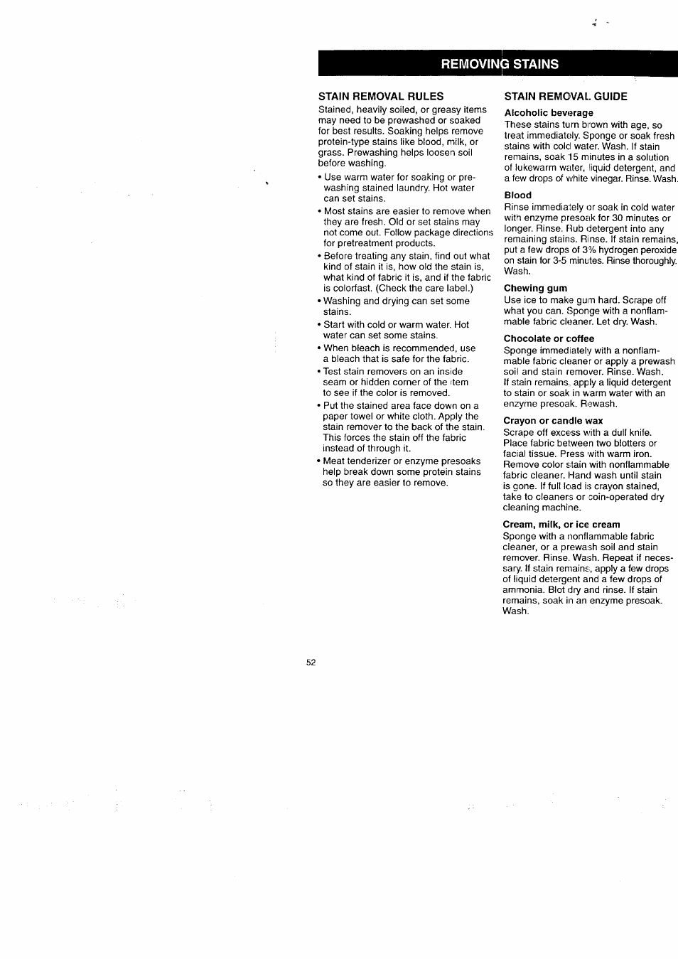 Removing stains | Kenmore Washer/Dryer User Manual | Page 52 / 66