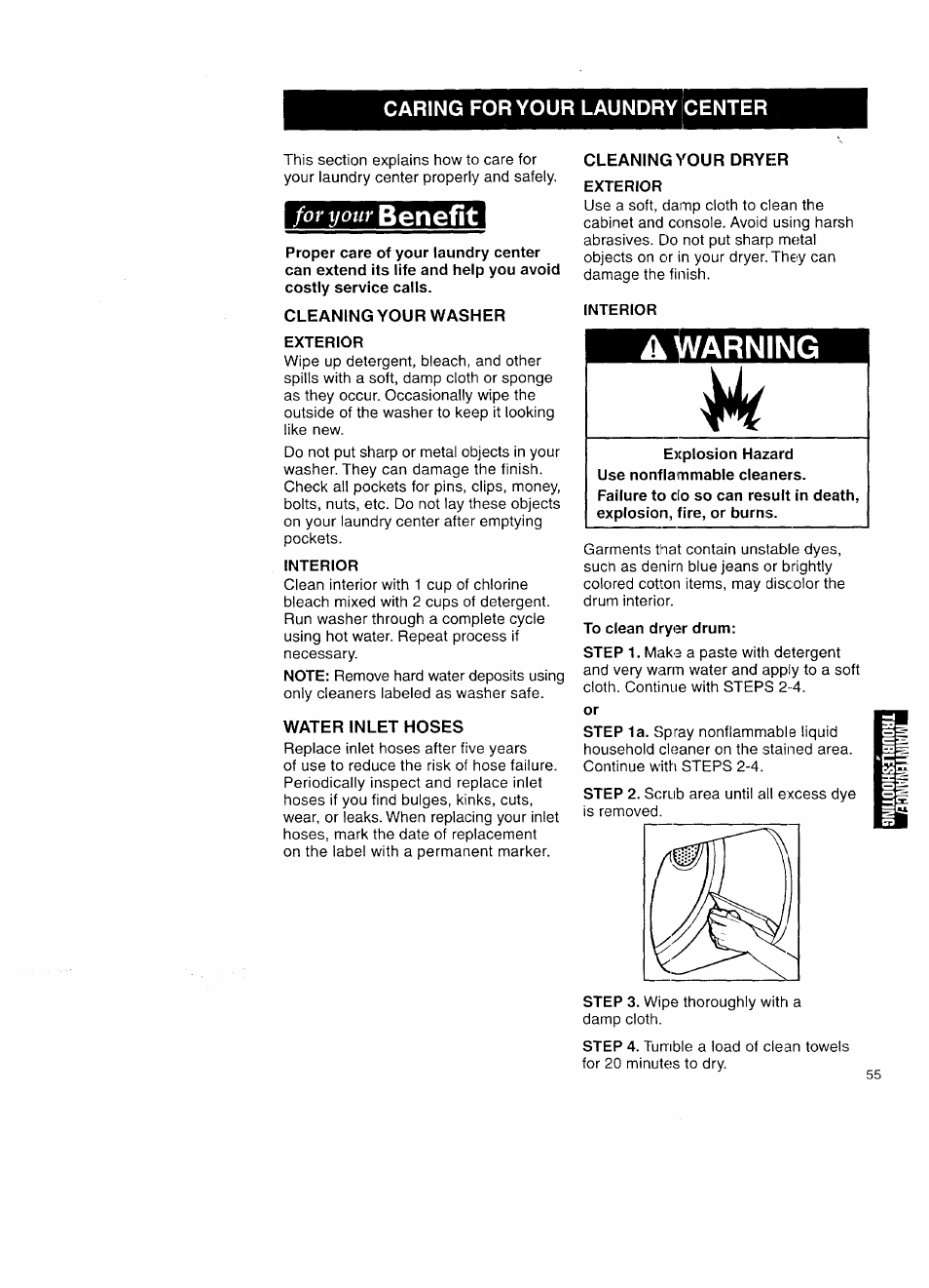 Caring for your laundry center, Exterior, Interior | To clean dryer drum, Benefit, A. warning ajv, For xjour | Kenmore Washer/Dryer User Manual | Page 55 / 66