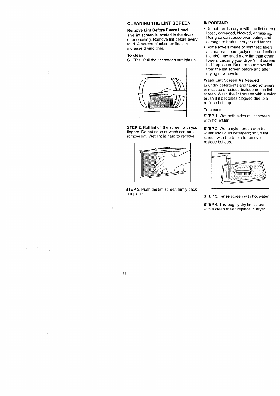 Cleaning the lint screen | Kenmore Washer/Dryer User Manual | Page 56 / 66